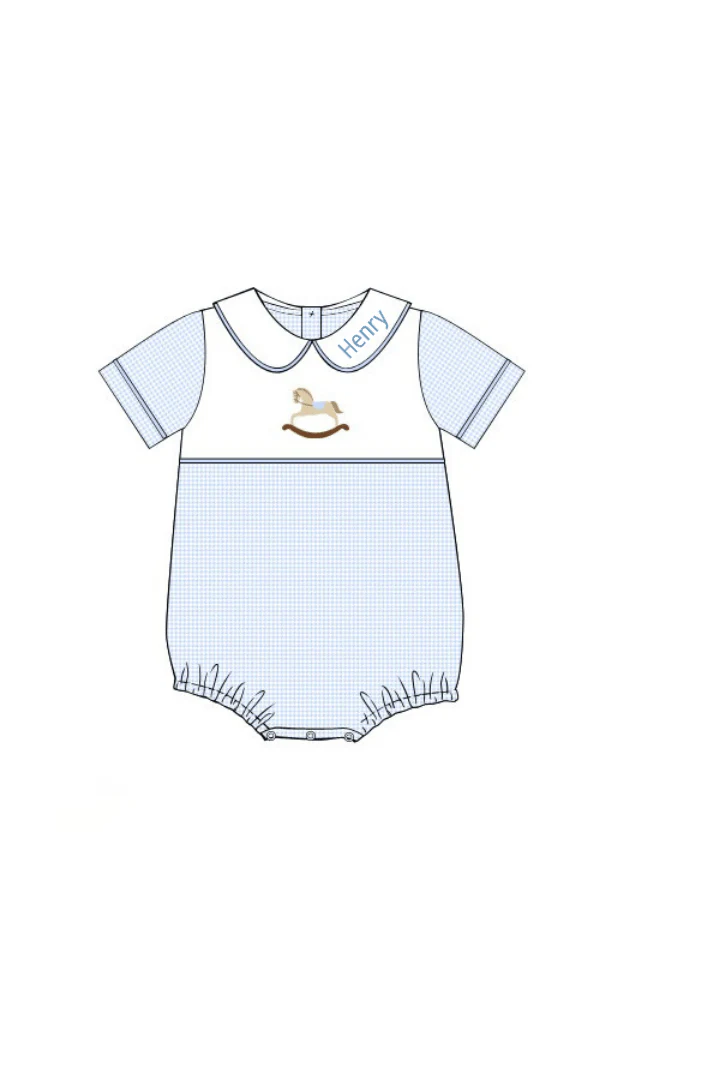 Embroidered Rocking Horse Blue Gingham Knit Bubble - Image 2