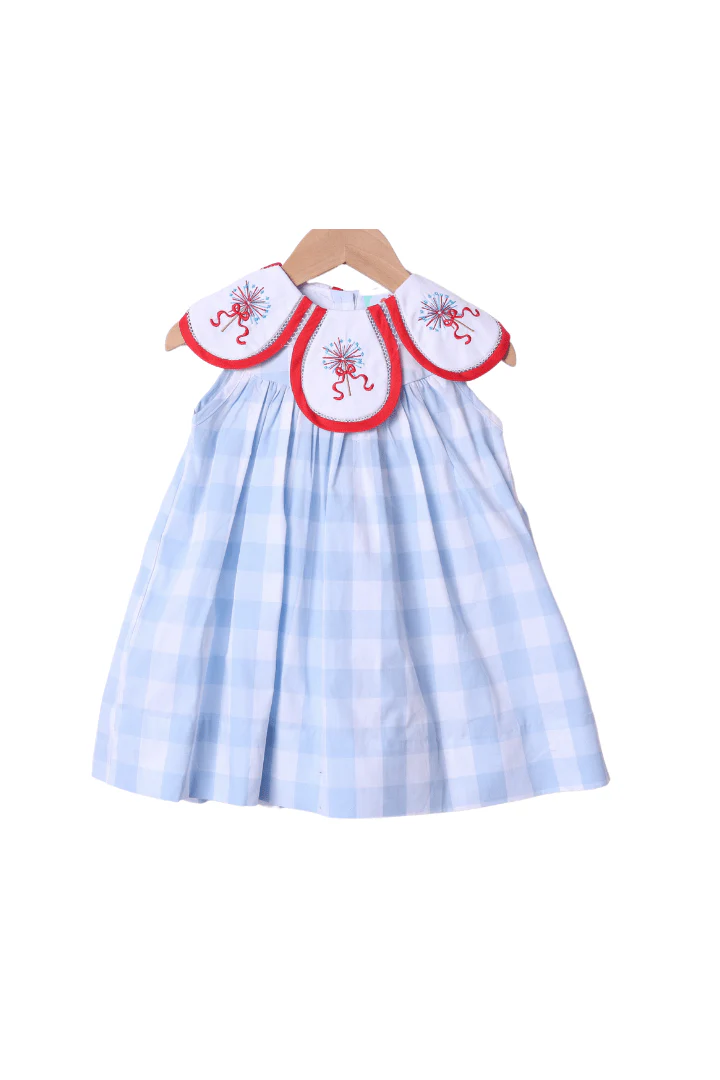 Embroidered Sparkler Blue Gingham Tulip Dress