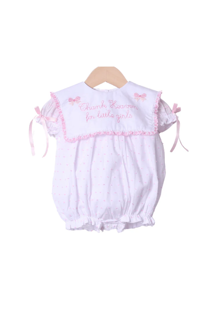 Embroidered Thank Heaven for Little Girls Pink Swiss Dot Bubble