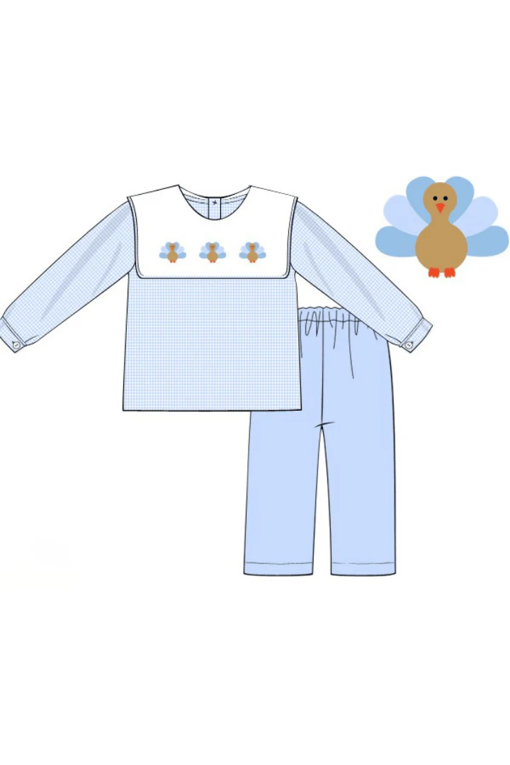 Pre-Order Embroidered Turkey Blue Gingham Bib Collar Pant Set