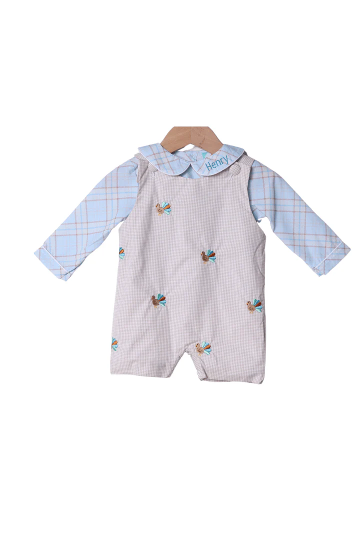 Pre-Order Embroidered Turkey Blue Plaid/Khaki Gingham Jon Jon Set - Image 2