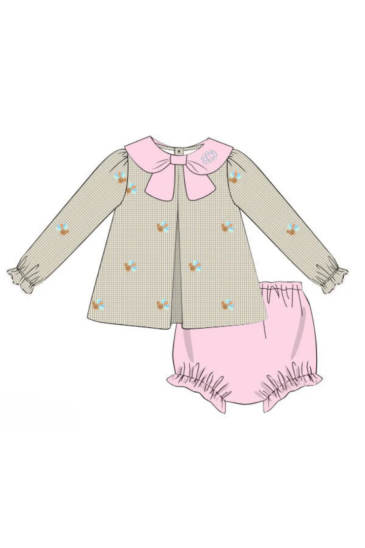 Pre-Order Embroidered Turkey Pink/Khaki Gingham Bloomer Set