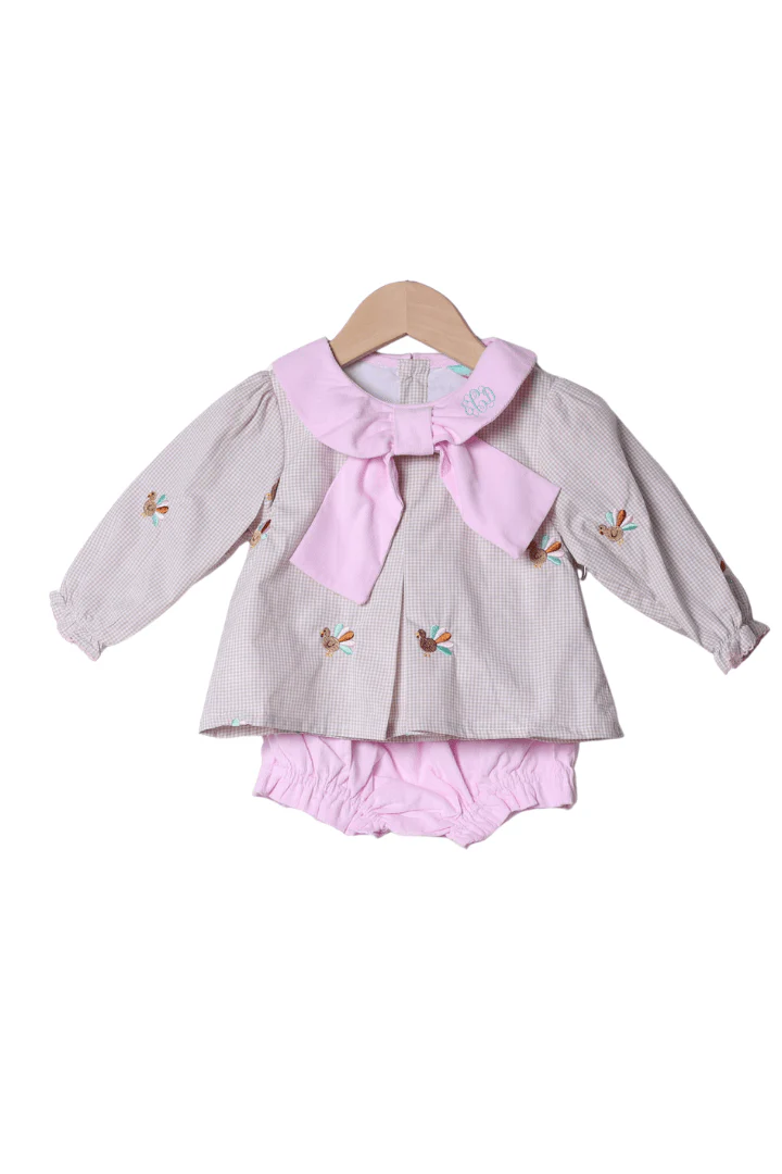 Pre-Order Embroidered Turkey Pink/Khaki Gingham Bloomer Set - Image 2