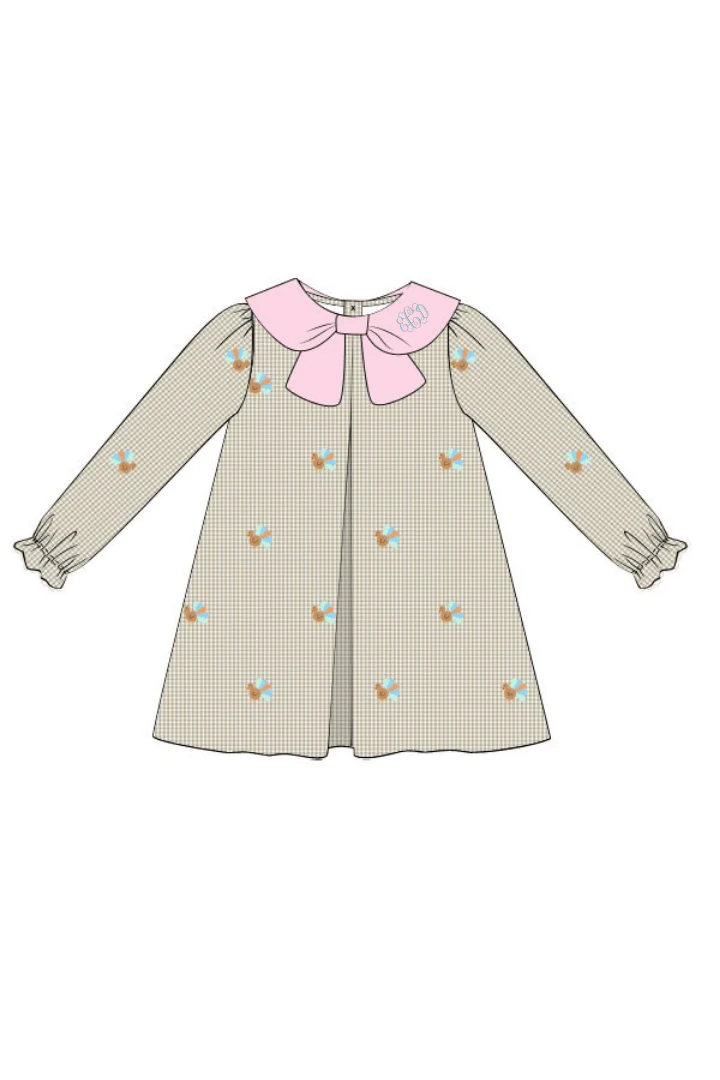 Pre-Order Embroidered Turkey Pink/Khaki Gingham Bow Dress