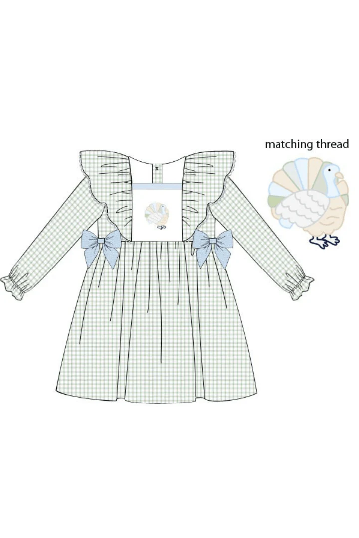 Pre-Order Embroidered Turkey Sage Windowpane/Blue Linen Bow Dress