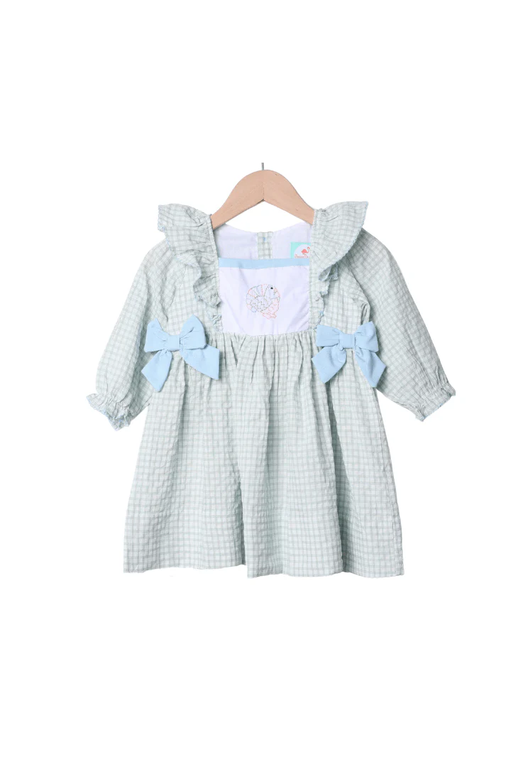 Pre-Order Embroidered Turkey Sage Windowpane/Blue Linen Bow Dress - Image 2