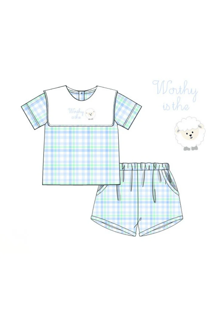 Embroidered Worthy IS the Lamb Swiss Plaid Short Set - Image 2