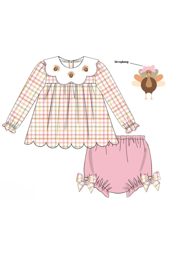 Pre-Order Embroidered Turkey Fall Pink Plaid Velvet Bloomer Set