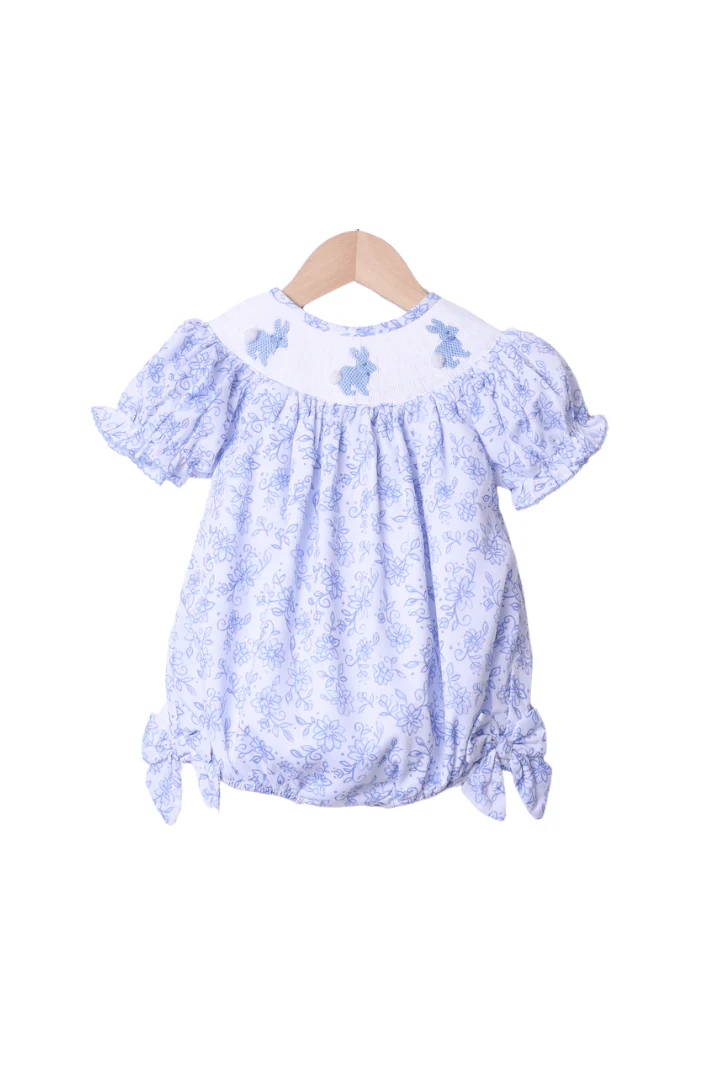 Smocked Blue Floral Bishop Bunny Bow Bubble