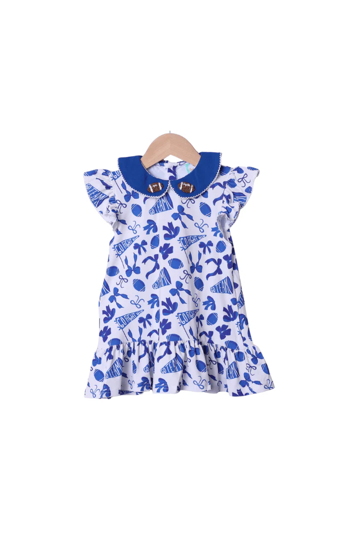 Blue and White Go Team Bow French Knot Football Dress
