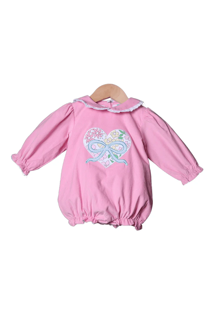 Floral Heart and Bow Applique Pink Corduroy Bubble