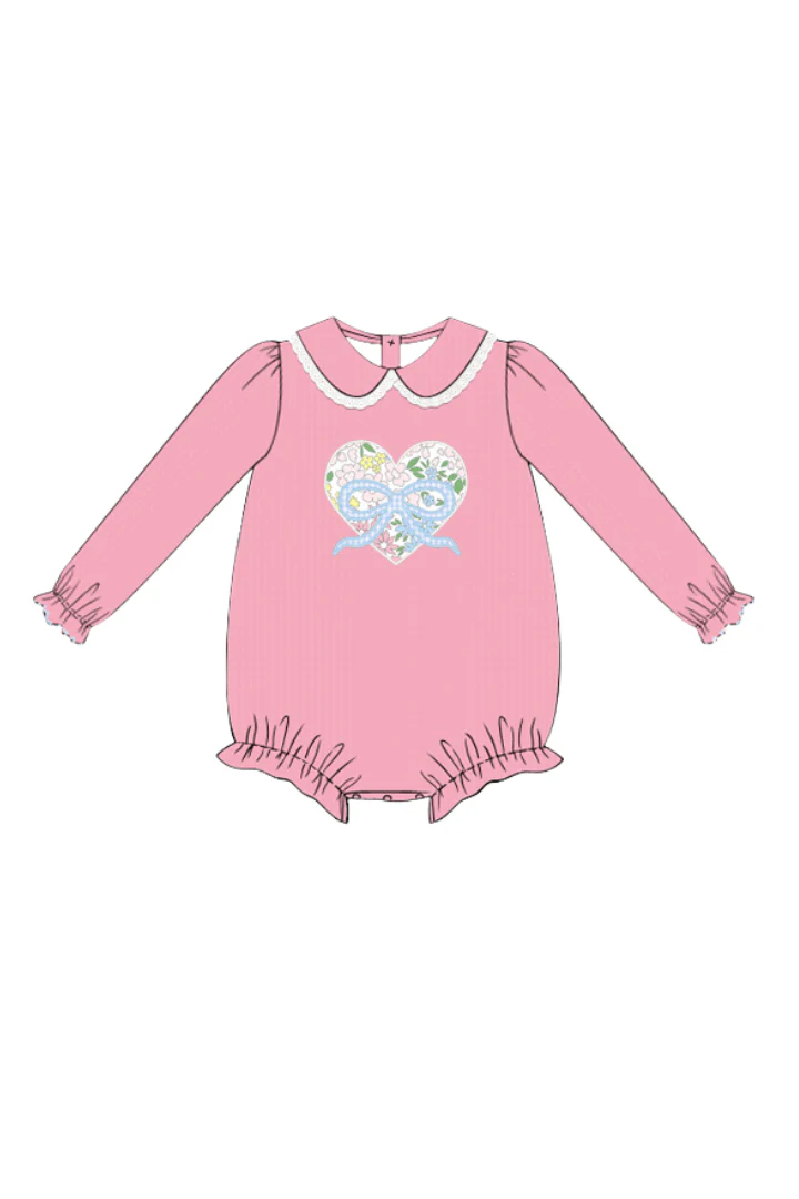 Floral Heart and Bow Applique Pink Corduroy Bubble - Image 2