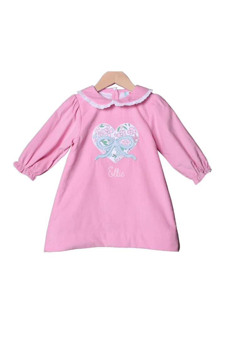 Floral Heart and Bow Applique Pink Corduroy Dress
