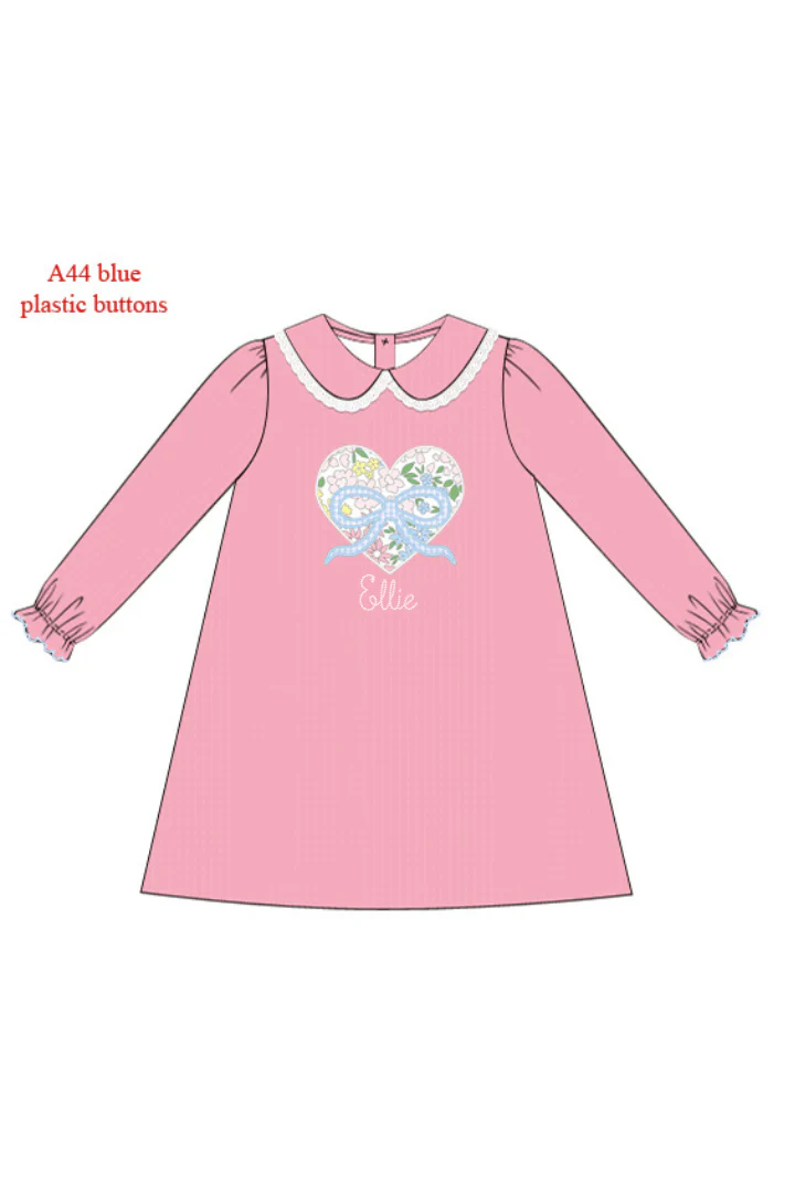 Floral Heart and Bow Applique Pink Corduroy Dress - Image 2
