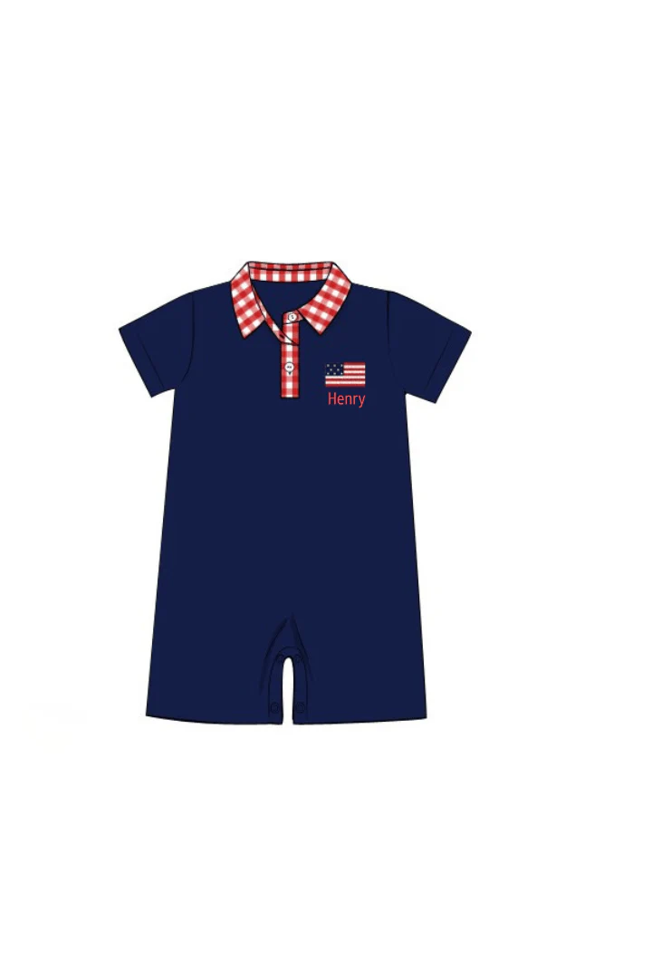 Embroidered American Flag Navy/Red Gingham Knit Polo Romper - Image 2