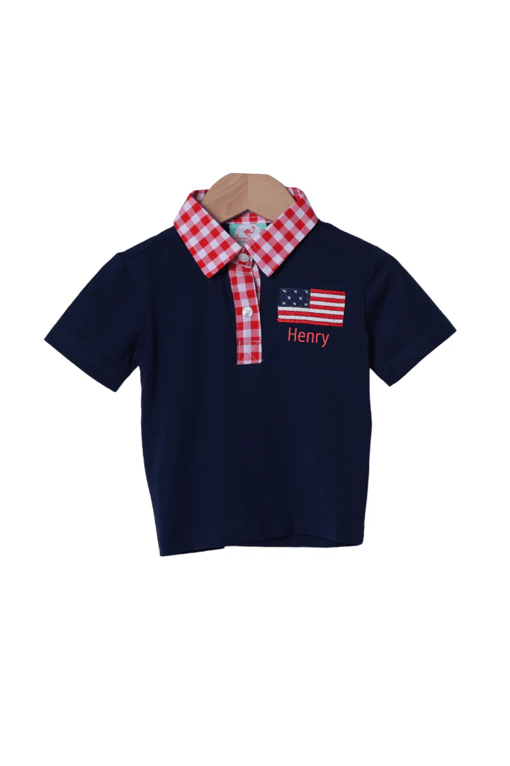 Embroidered American Flag Navy/Red Gingham Knit Polo Shirt