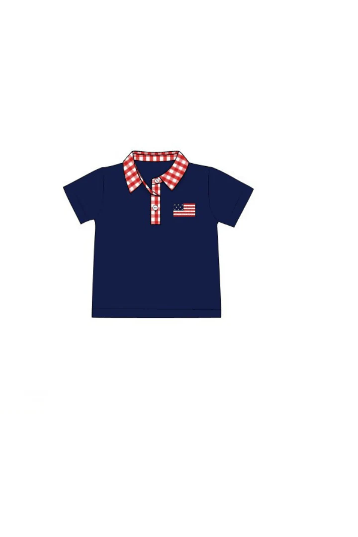 Embroidered American Flag Navy/Red Gingham Knit Polo Shirt - Image 3