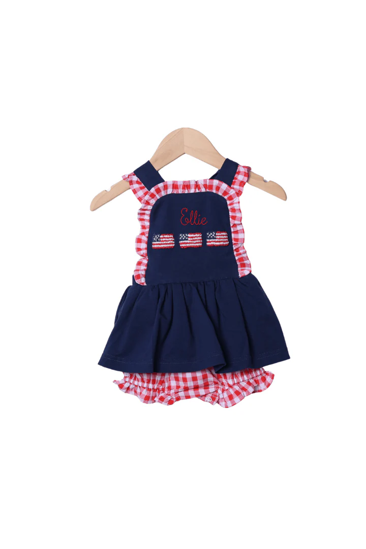 French Knot American Flag Navy/Red Gingham Knit Skirted Bubble