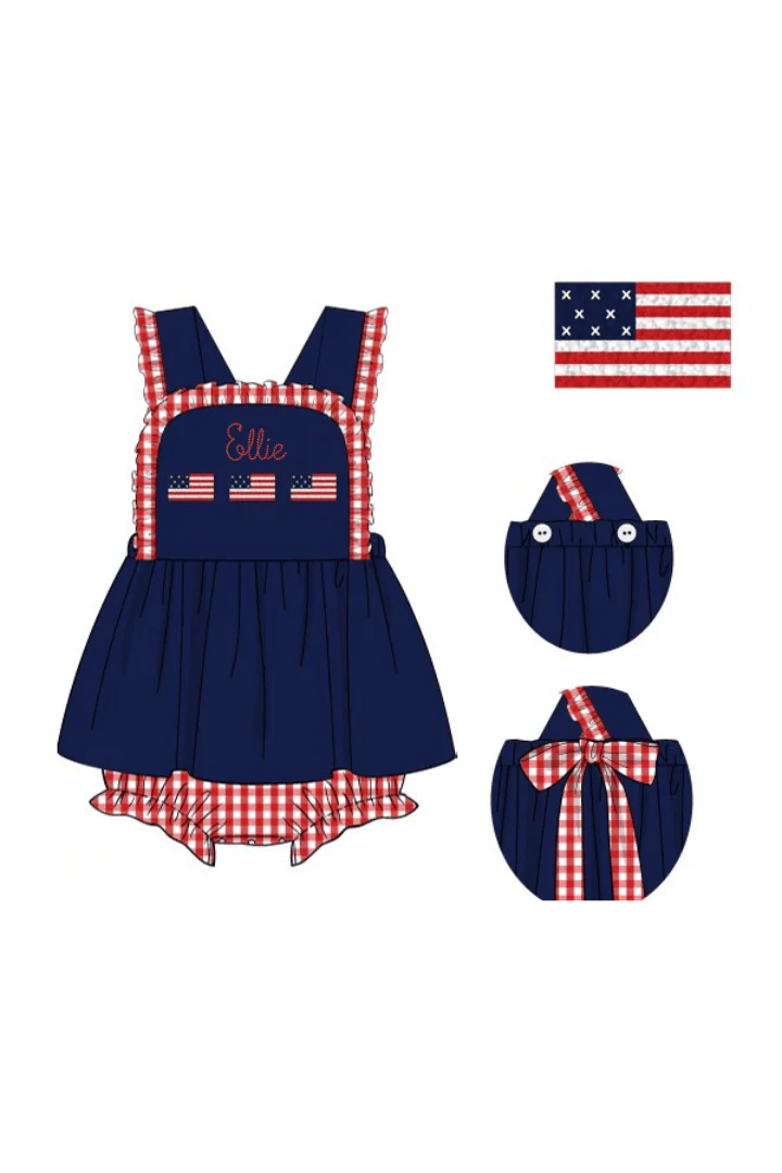 French Knot American Flag Navy/Red Gingham Knit Skirted Bubble - Image 3