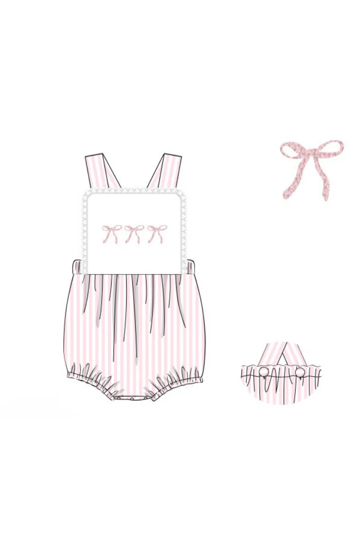 French Knot Bow Pink Stripe Sunsuit - Image 2
