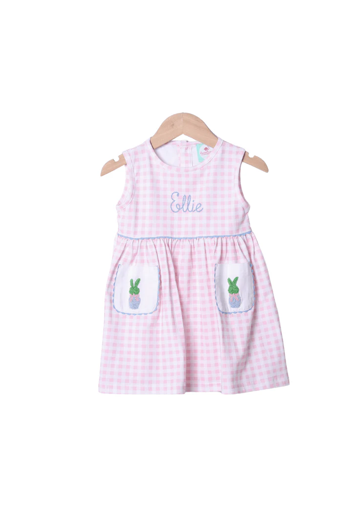 French Knot Bunny Topiary Pink Gingham Dress