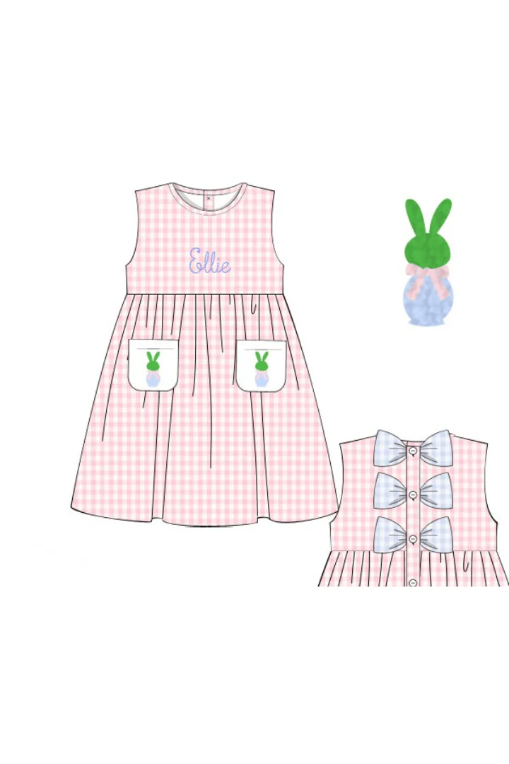 French Knot Bunny Topiary Pink Gingham Dress - Image 3