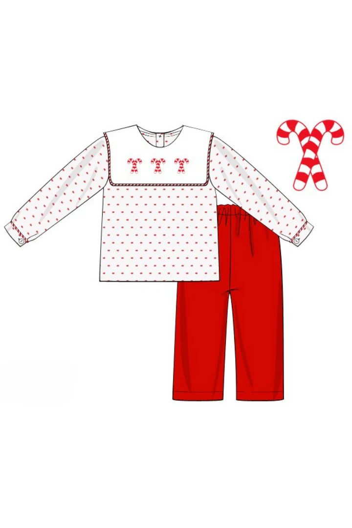 French Knot Candy Cane Swiss Dot Bib Pant Set - Image 2