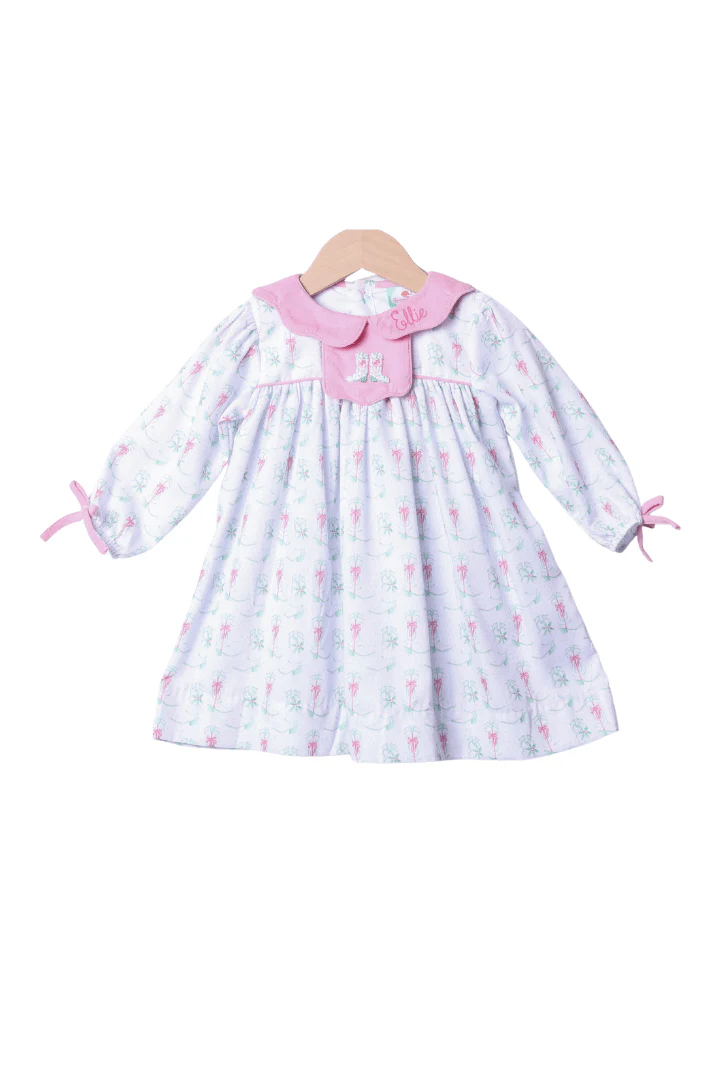 French Knot Christmas Boots Pink Corduroy Dress
