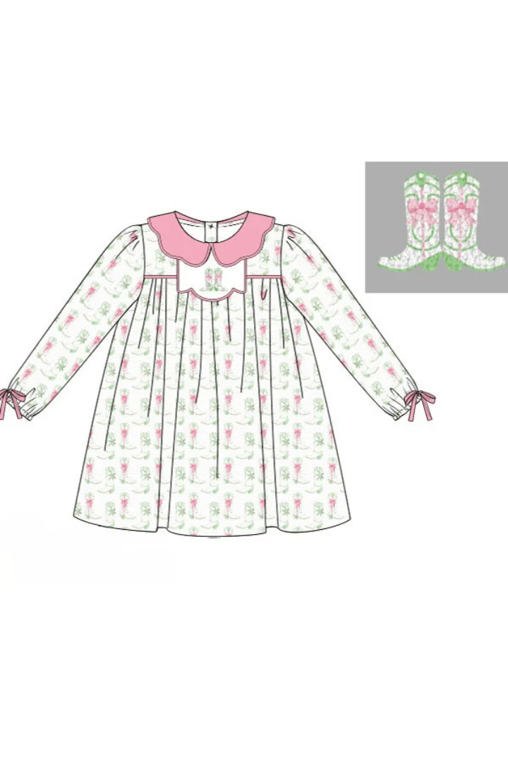 French Knot Christmas Boots Pink Corduroy Dress - Image 2