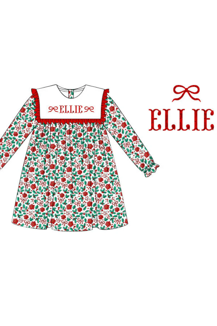 Pre-Order French Knot Custom Name Festive Holly Bow Dress