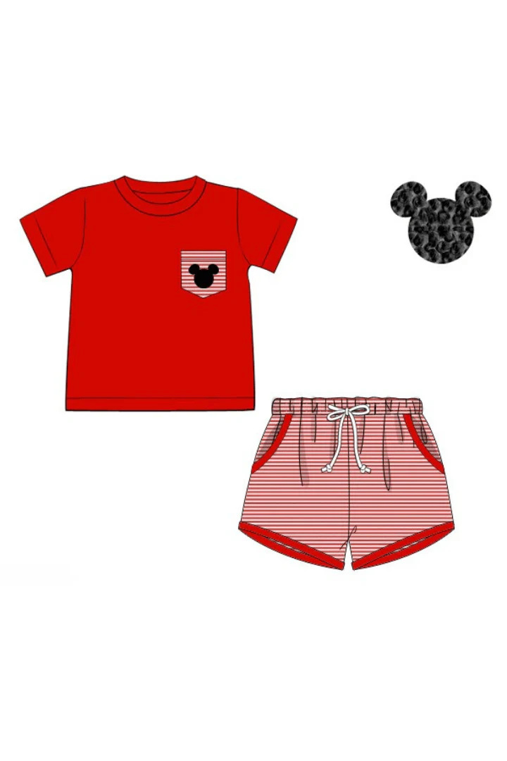 French Knot Mouse Red/Stripe Knit Short Set - Image 3