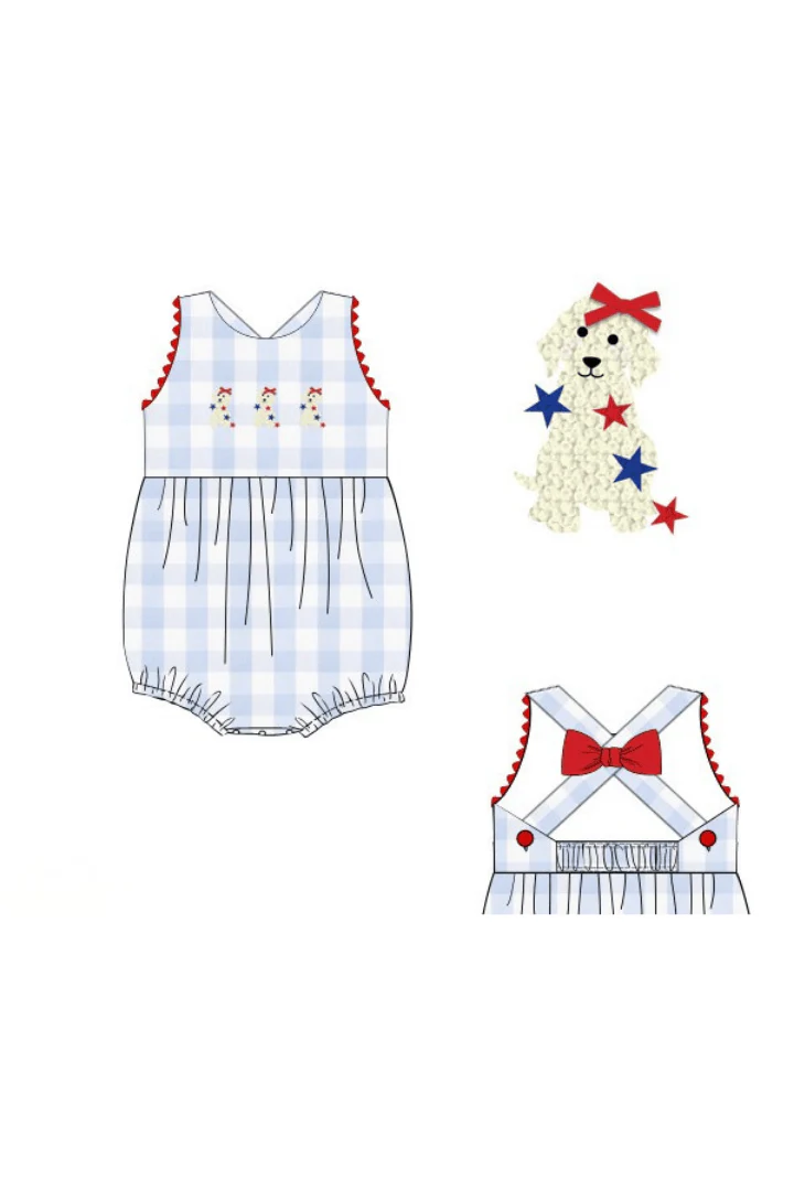 French Knot Patriotic Puppy Blue Buffalo Check Bow Bubble - Image 3