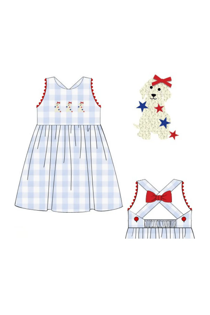 French Knot Patriotic Puppy Blue Buffalo Check Bow Dress - Image 3