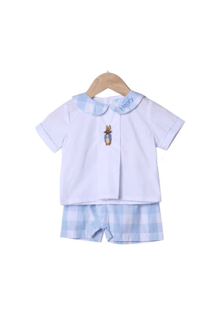 French Knot Peter Rabbit Blue Buffalo Check Short Set