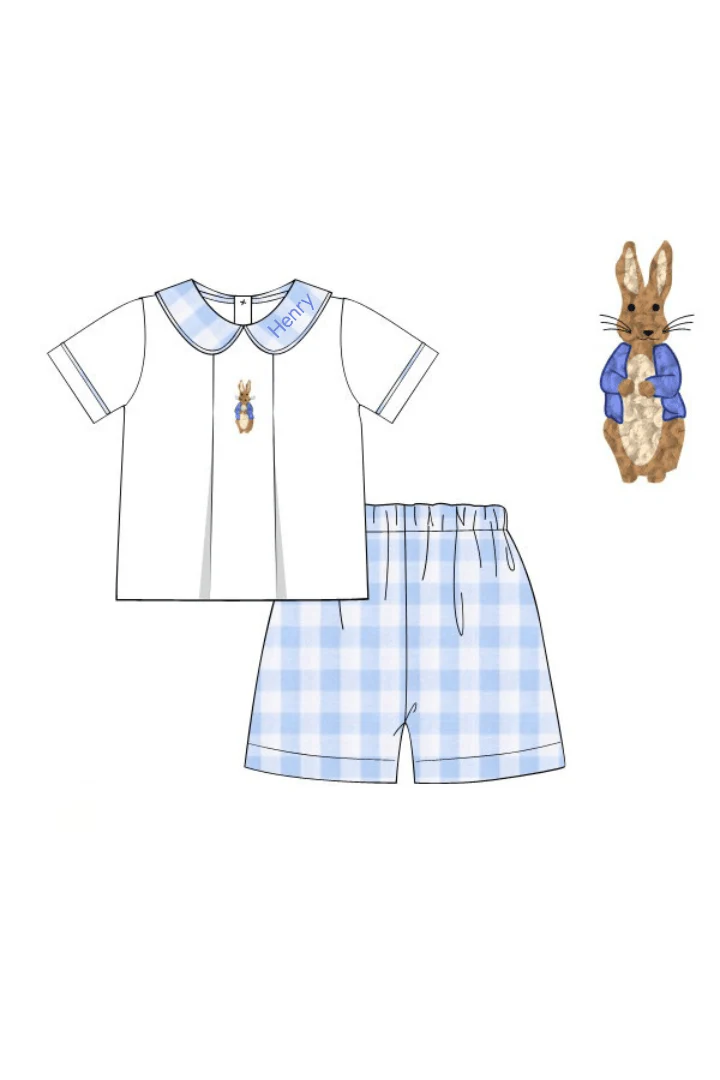 French Knot Peter Rabbit Blue Buffalo Check Short Set - Image 2