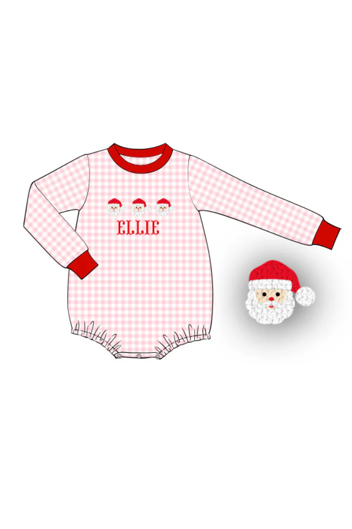 Pre-Order French Knot Santa Custom Name Pink Gingham Bubble