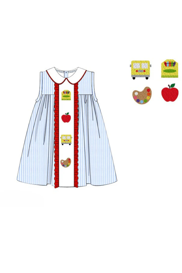 French Knot School Blue Pinstripe Red Ruffle Dress - Image 3