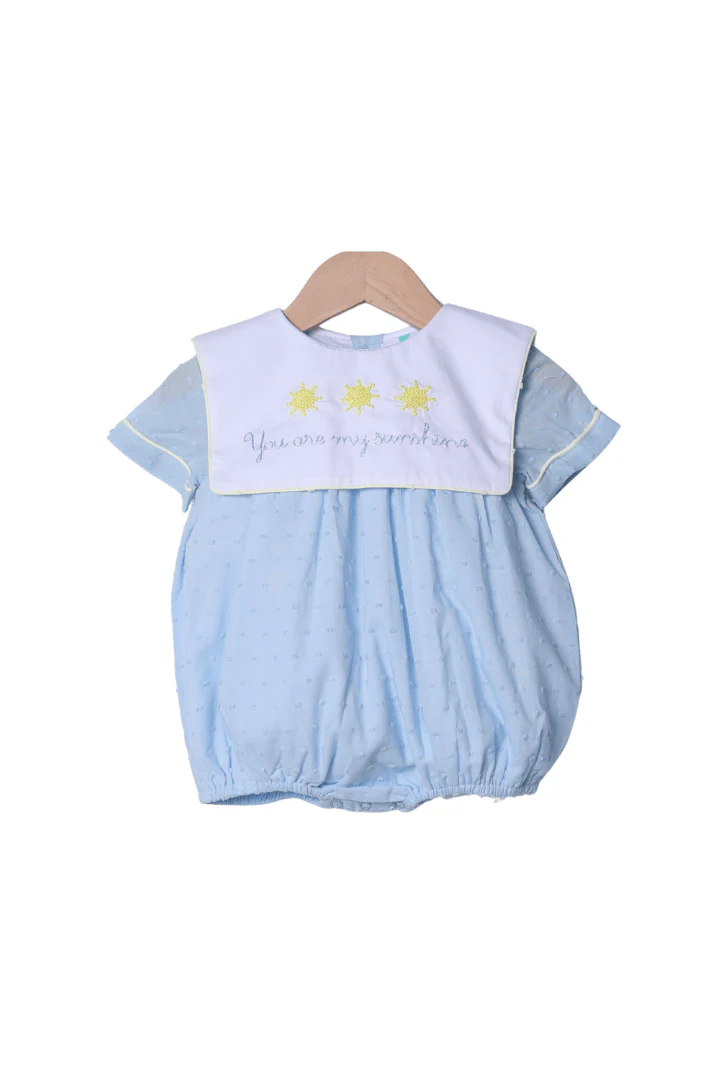 French Knot You Are My Sunshine Blue Swiss Dot Bib Bubble