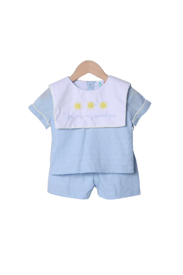 French Knot You Are My Sunshine Blue Swiss Dot Bib Short Set