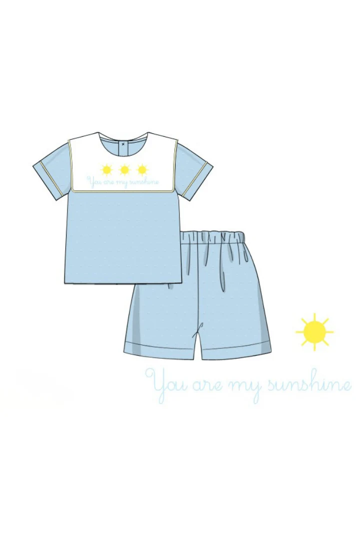 French Knot You Are My Sunshine Blue Swiss Dot Bib Short Set - Image 2