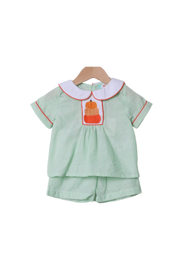 Smocked Green Seersucker Pumpkin Short Set - Image 2
