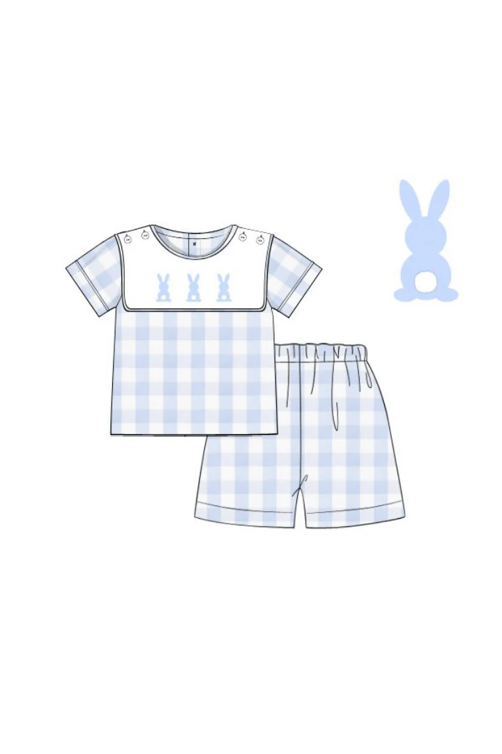 Hand Embroidered Bunny Blue Buffalo Check Tab Short Set - Image 3