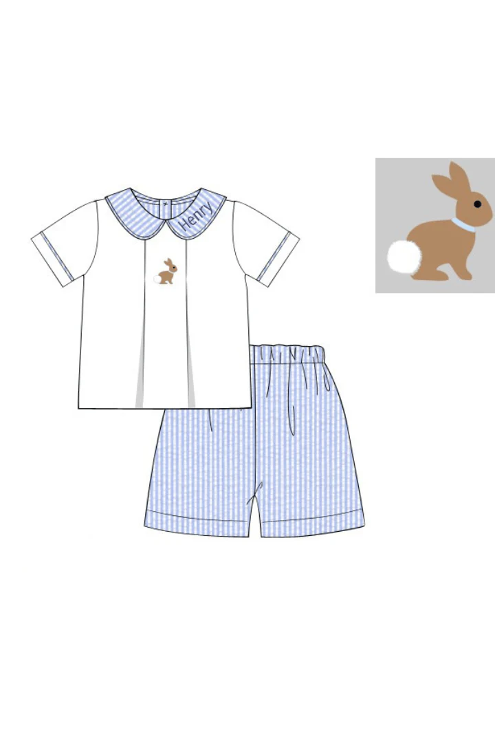 Embroidered Bunny Blue Seersucker Short Set - Image 2