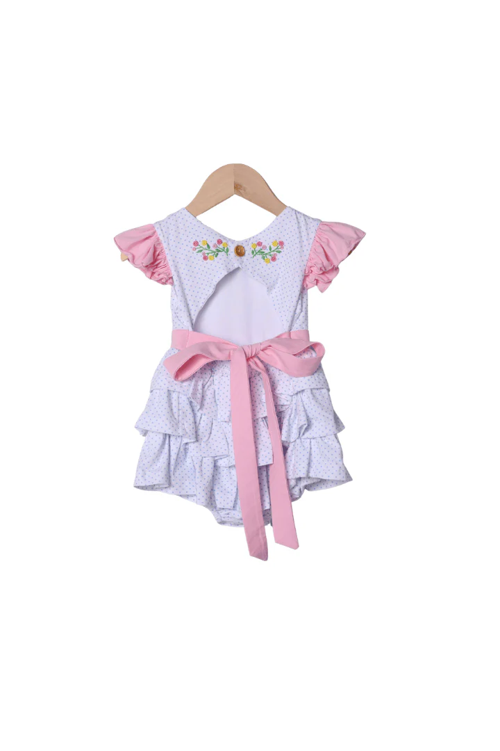 Hand Embroidered Floral Bow Bitty Dot Ruffle Bubble - Image 2