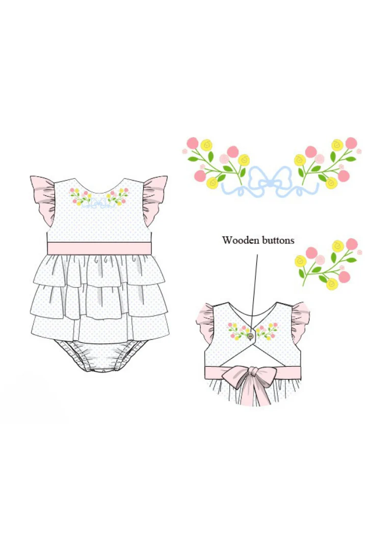 Hand Embroidered Floral Bow Bitty Dot Ruffle Bubble - Image 3