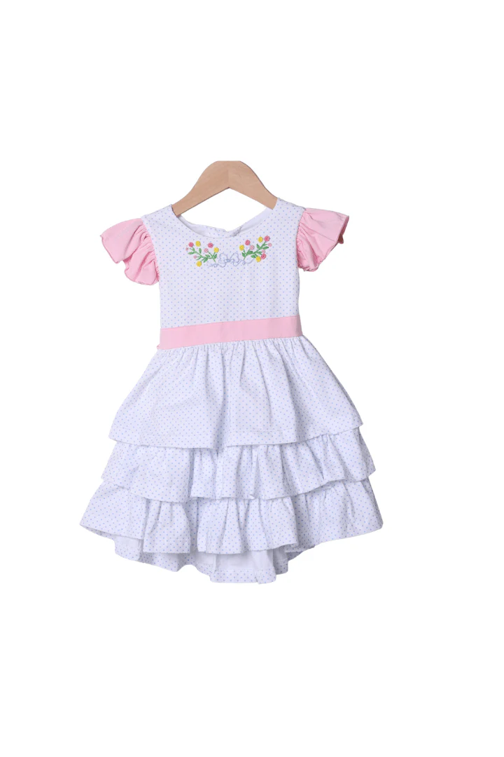 Hand Embroidered Floral Bow Bitty Dot Ruffle Dress