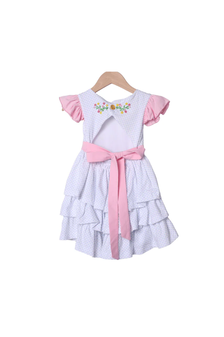Hand Embroidered Floral Bow Bitty Dot Ruffle Dress - Image 2