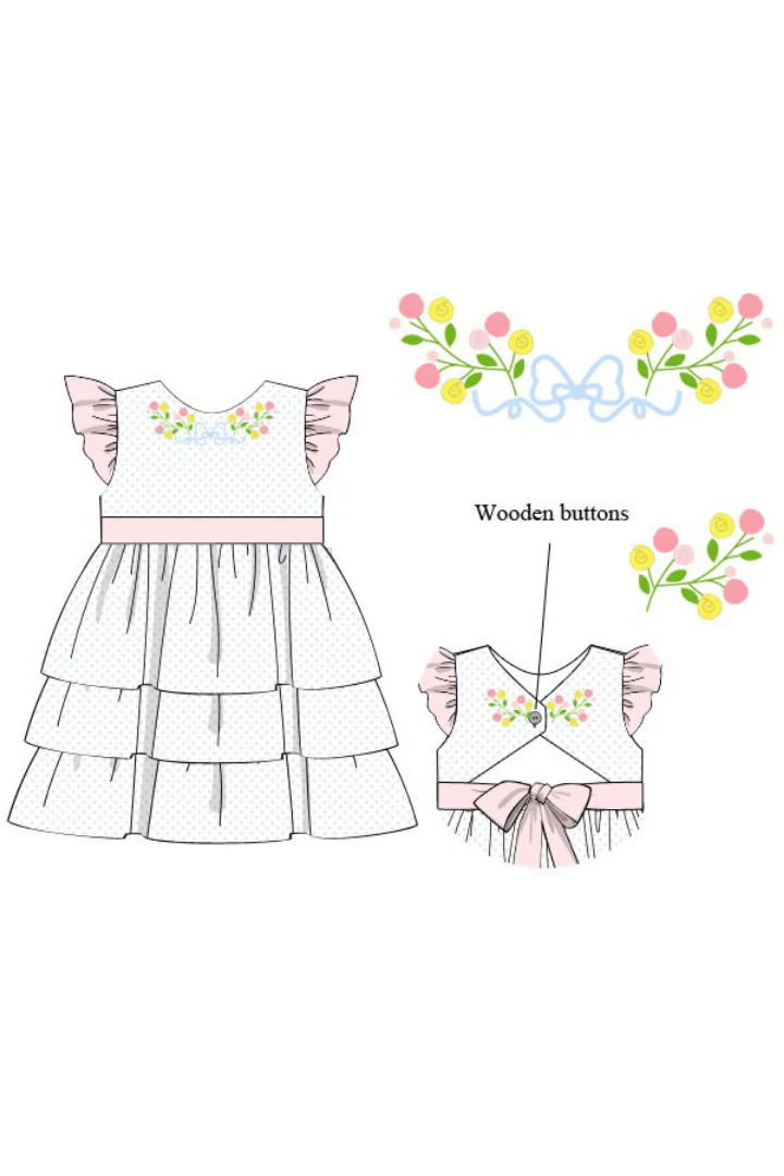 Hand Embroidered Floral Bow Bitty Dot Ruffle Dress - Image 3