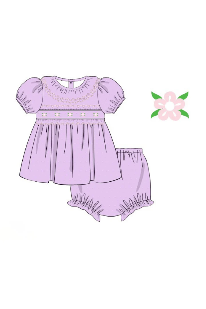 Hand Embroidered Rose Bud Lavender Swiss Dot Bloomer Set - Image 2