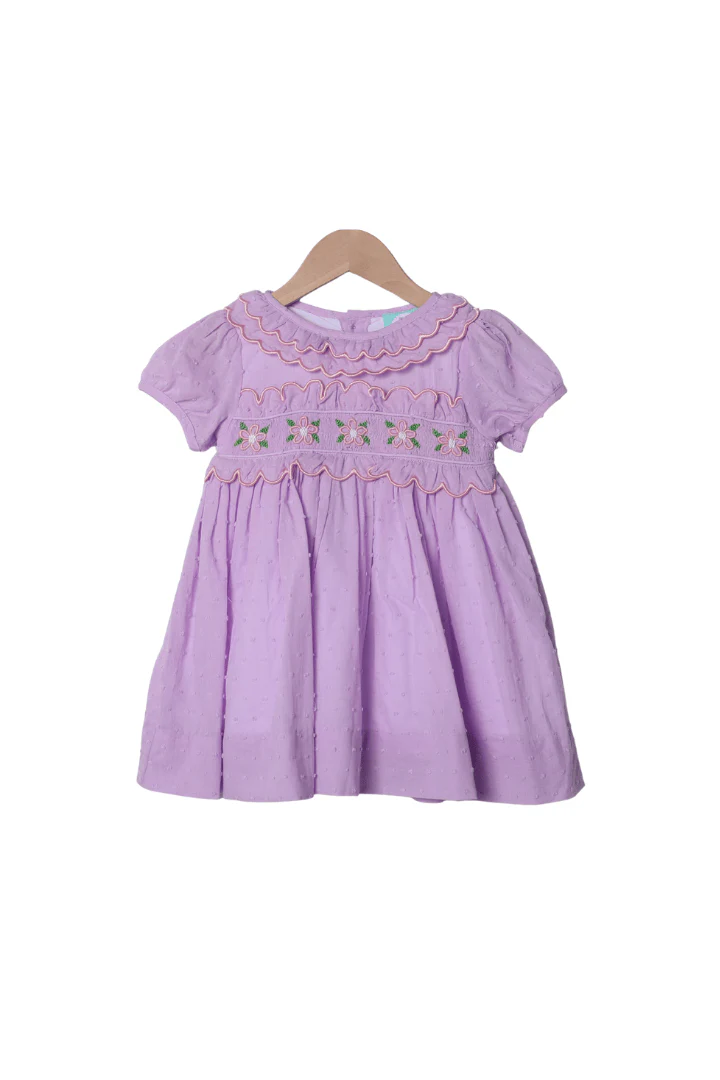 Hand Embroidered Rose Bud Lavender Swiss Dot Dress